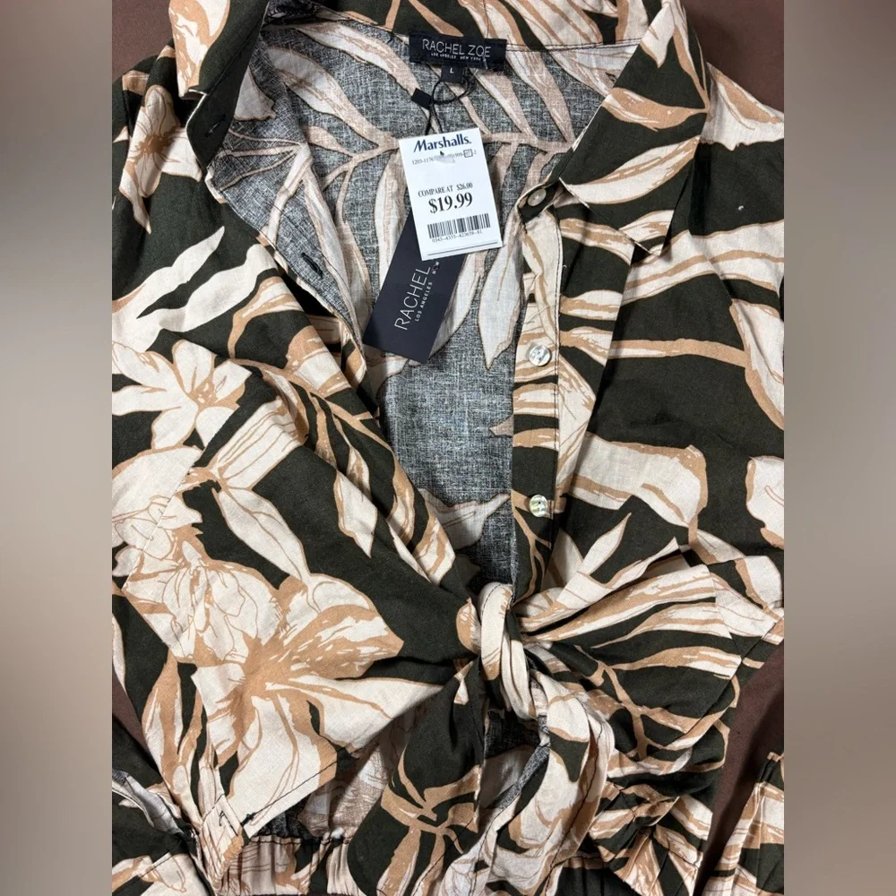 NWT Rachel Zoe Linen Tie Front Long Sleeve button Down Blouse L - Picture 3 of 7